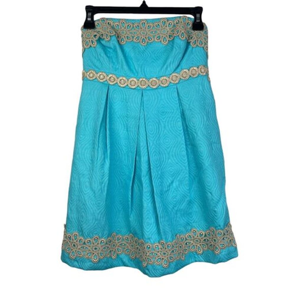 Lilly Pulitzer Women's Size 0 100%‎ Cotton Strapless Dress Blue Gold Zip